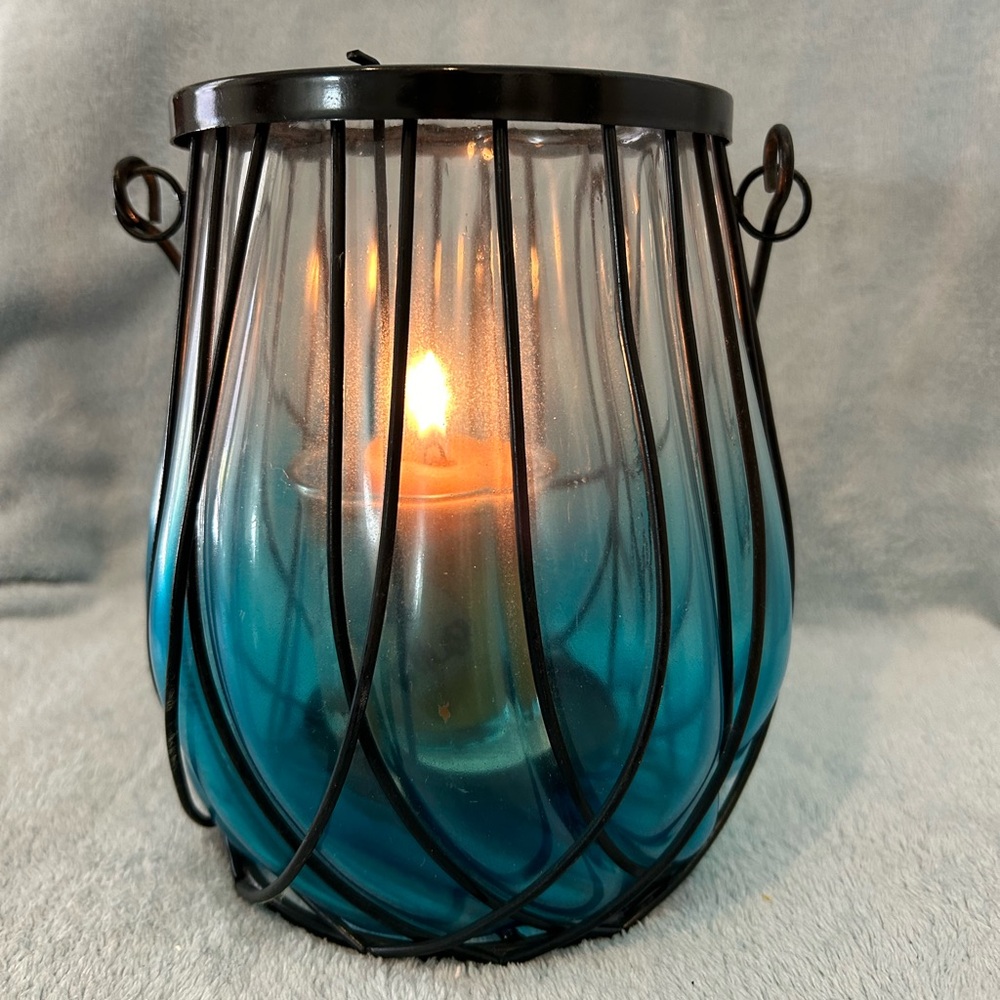 Large Blue Glass And Metal Candle Holder